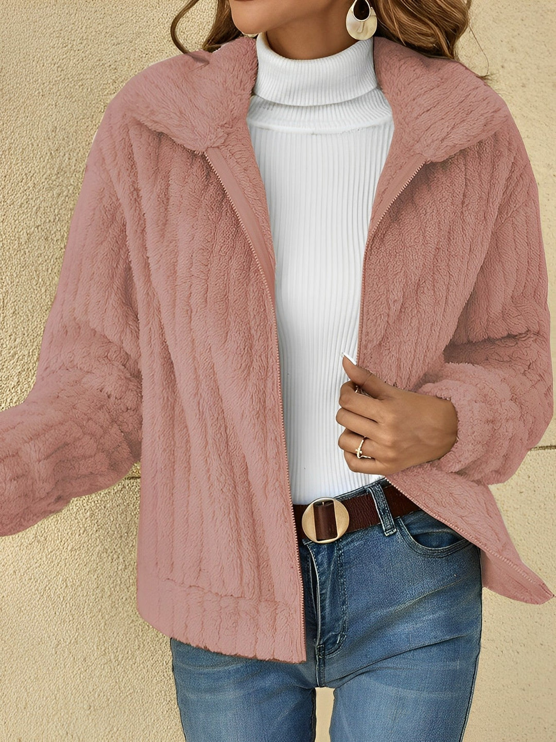 Veste Zippée en Maille Torsadée | Grand Col Châle Enveloppante – Rose #couleur_rose