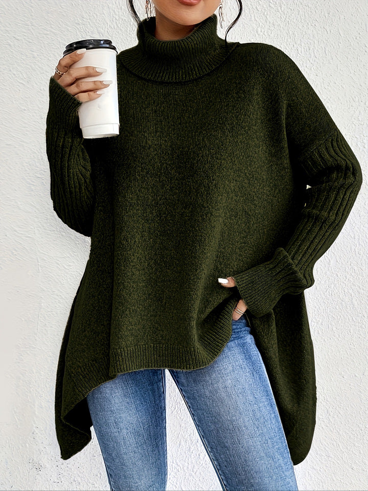 Pull Col Roulé Femme Oversize Long | Coupe Asymétrique – Vert foncé#couleur_vert-fonc