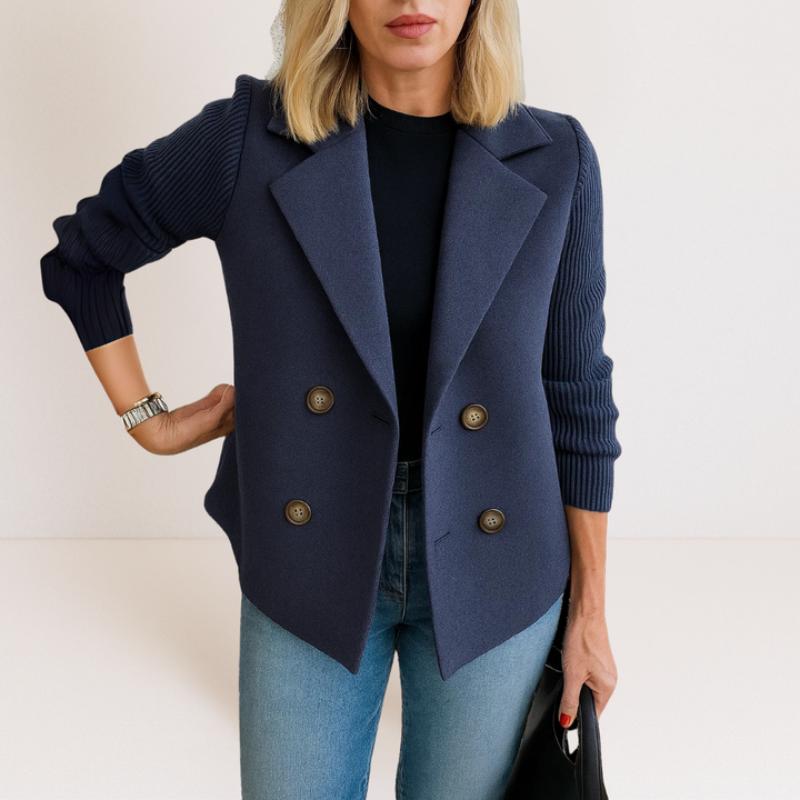 Veste Courte Croisée en Laine | Manches Côtelées Chic – Marine #couleur_marine