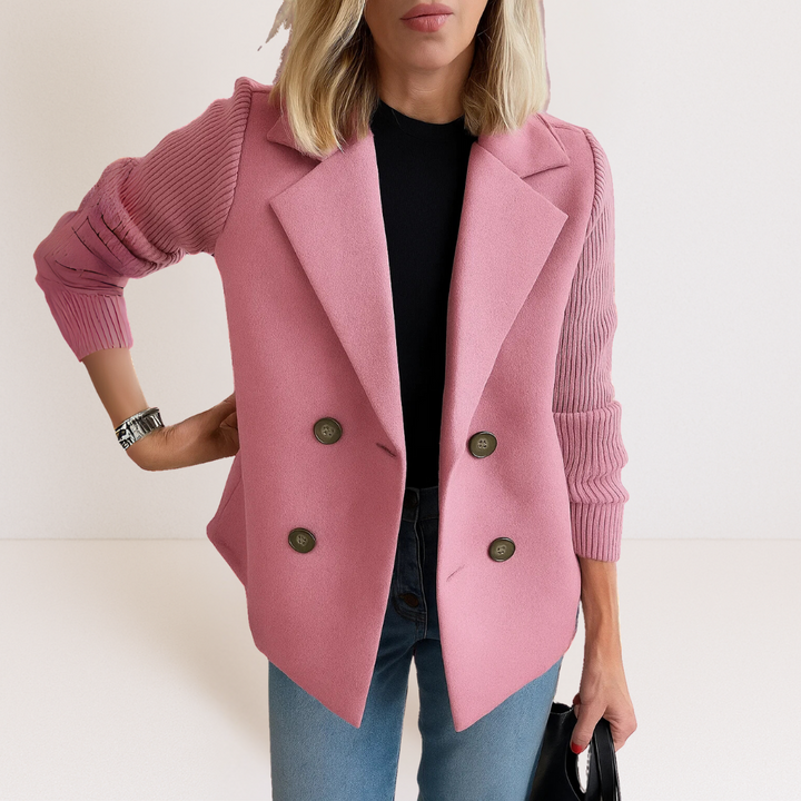 Veste Courte Croisée en Laine | Manches Côtelées Chic – Rose #couleur_rose