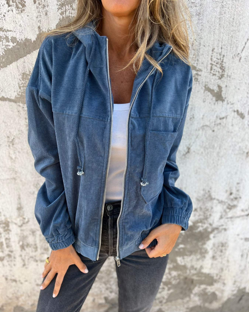 Veste en Velours Côtelé à Capuche | Coupe Zippée Confortable – Bleu #couleur_bleu