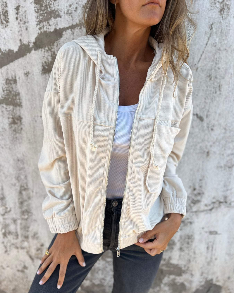 Veste en Velours Côtelé à Capuche | Coupe Zippée Confortable – Écru #couleur_cru