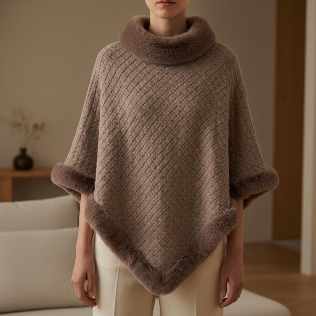 Poncho Femme Maille | Bordure Fausse Fourrure Coupe Ample Chic in Marron#couleur_marron