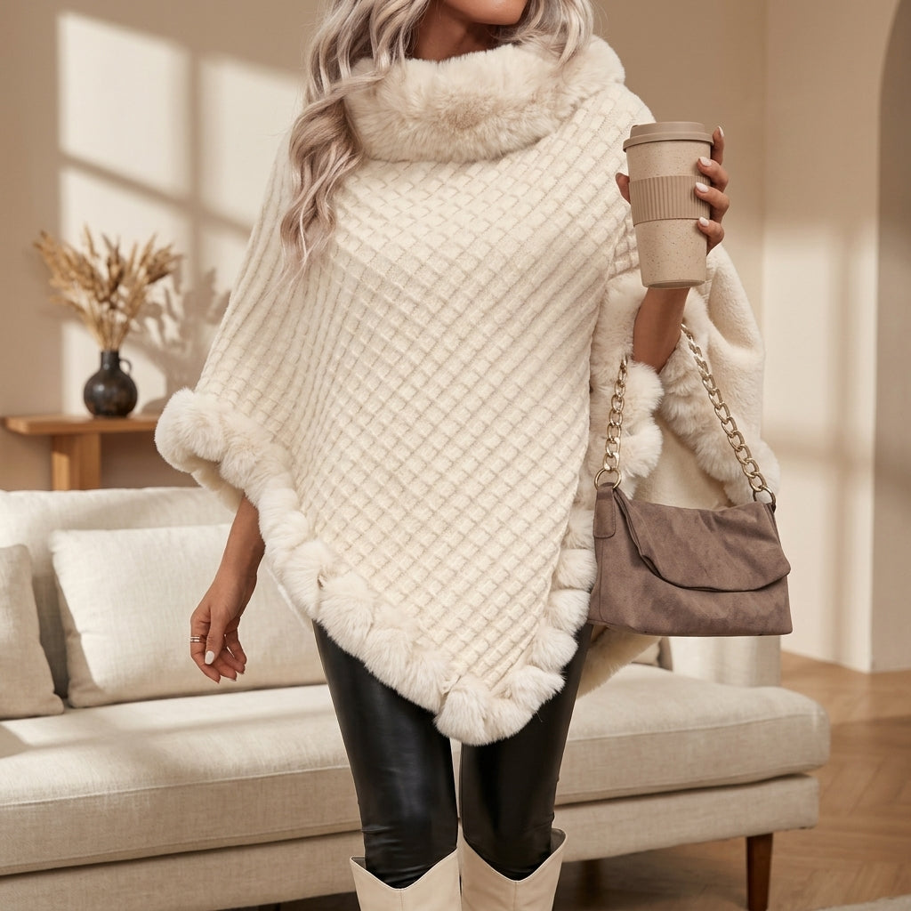 Poncho Femme Maille | Bordure Fausse Fourrure Coupe Ample Chic in Beige#couleur_beige
