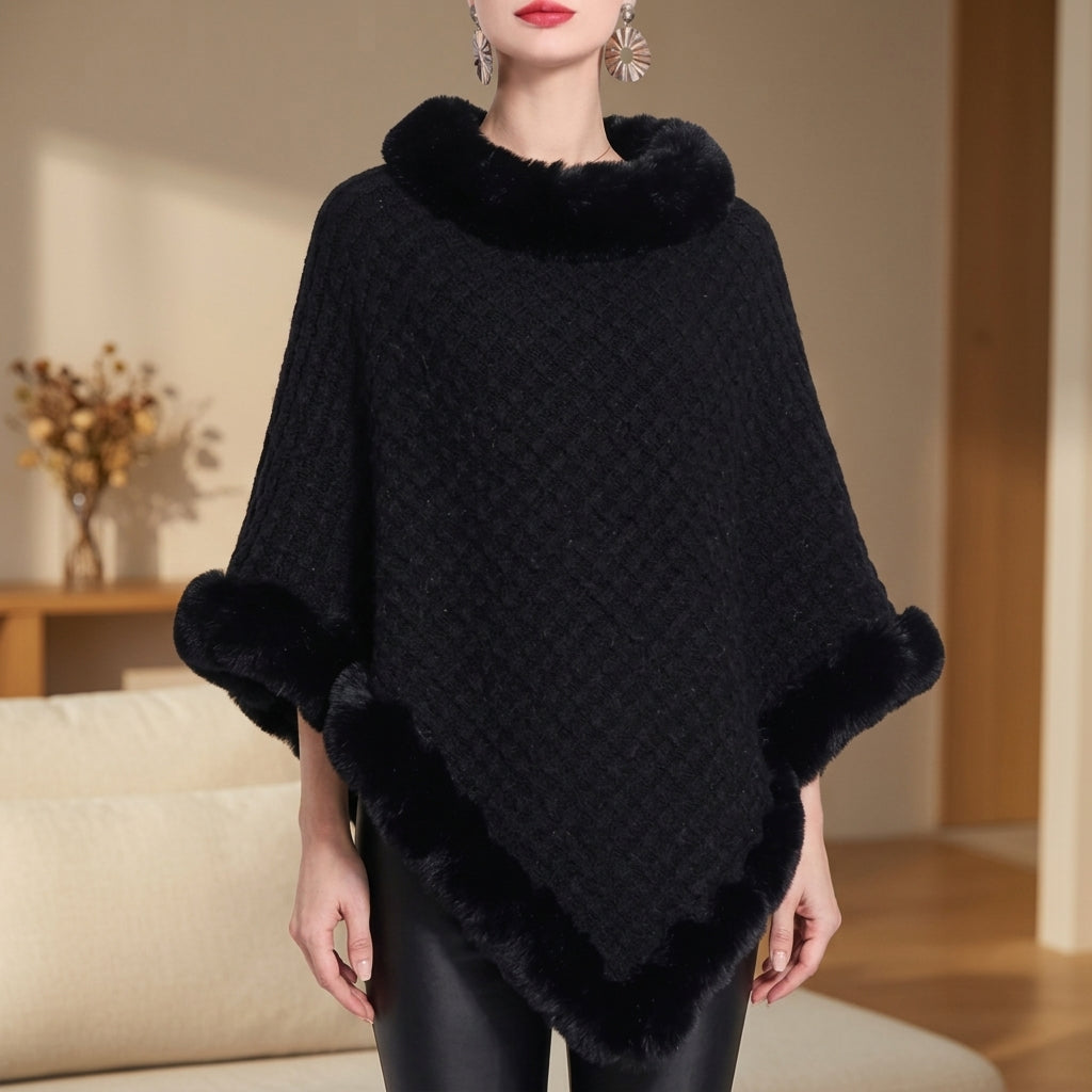 Poncho Femme Maille | Bordure Fausse Fourrure Coupe Ample Chic in Noir#couleur_noir