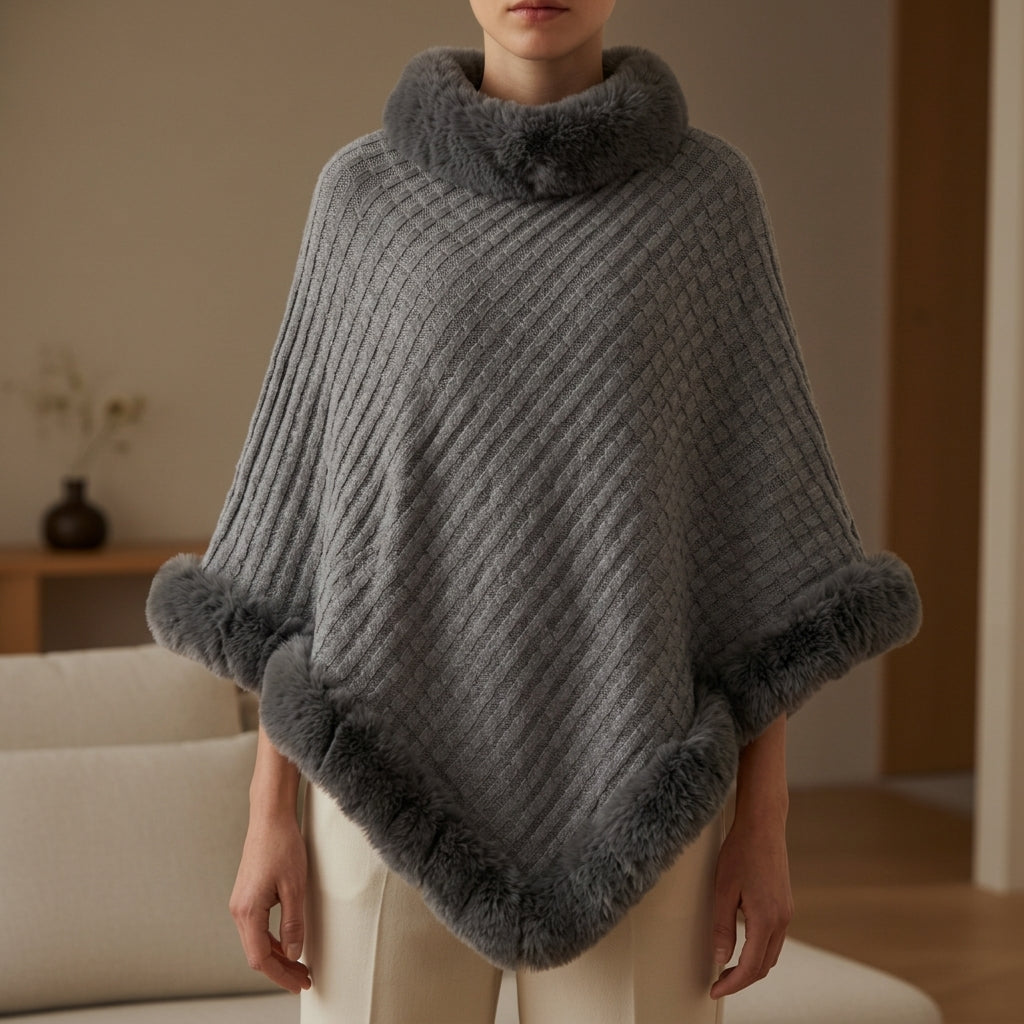 Poncho Femme Maille | Bordure Fausse Fourrure Coupe Ample Chic in Gris#couleur_gris