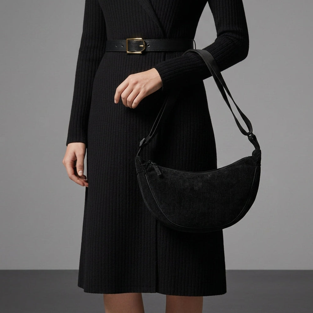 Sac Besace Femme Croissant en Velours Côtelé | Anse Épaule – Noir#couleur_noir