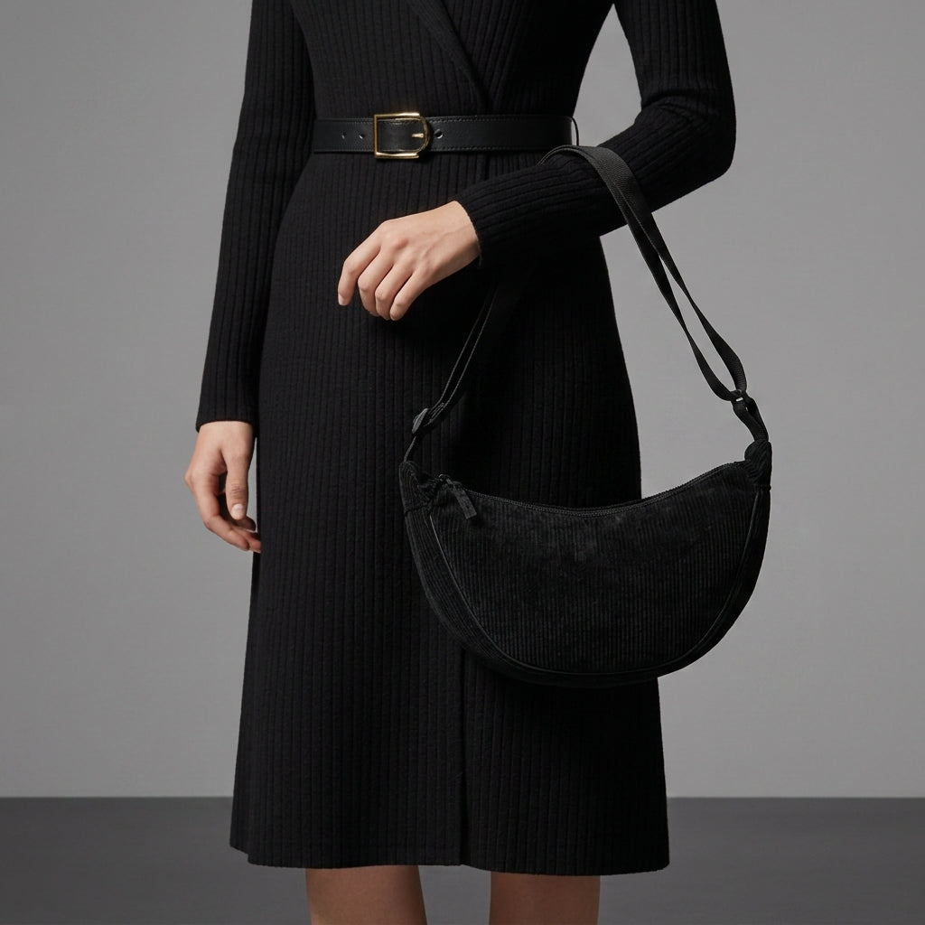 Sac Besace Femme Croissant en Velours Côtelé | Anse Épaule – Noir#couleur_noir