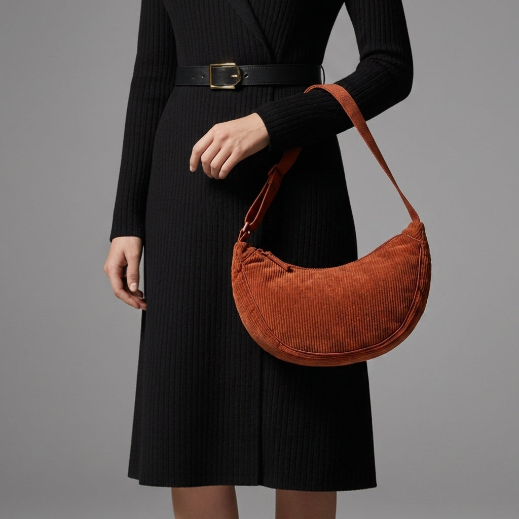 Sac Besace Femme Croissant en Velours Côtelé | Anse Épaule – Marron#couleur_marron