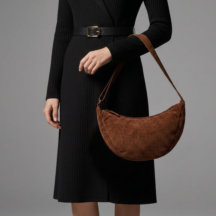 Sac Besace Femme Croissant en Velours Côtelé | Anse Épaule – Chocolat#couleur_chocolat