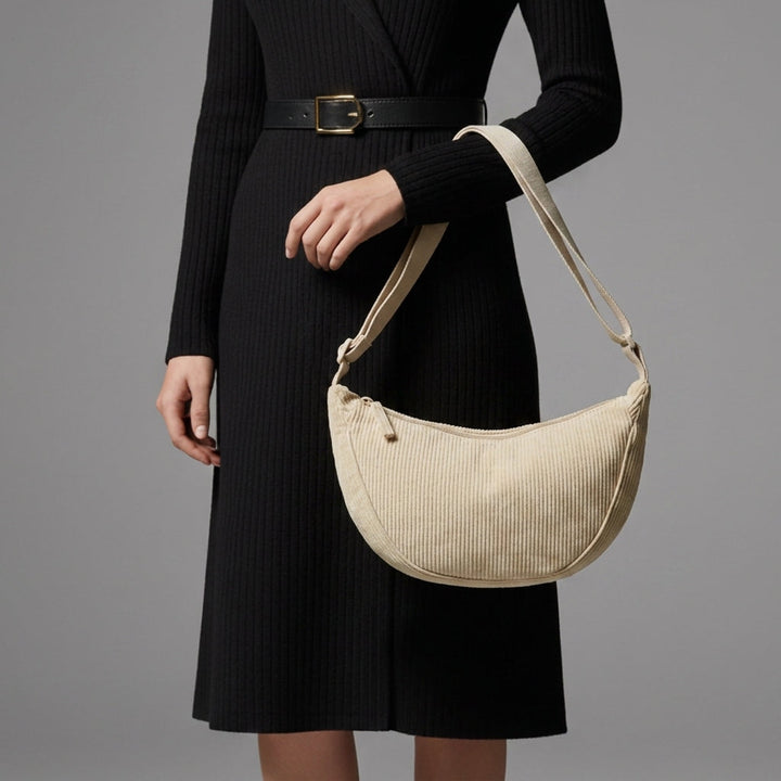 Sac Besace Femme Croissant en Velours Côtelé | Anse Épaule – Écru#couleur_cru