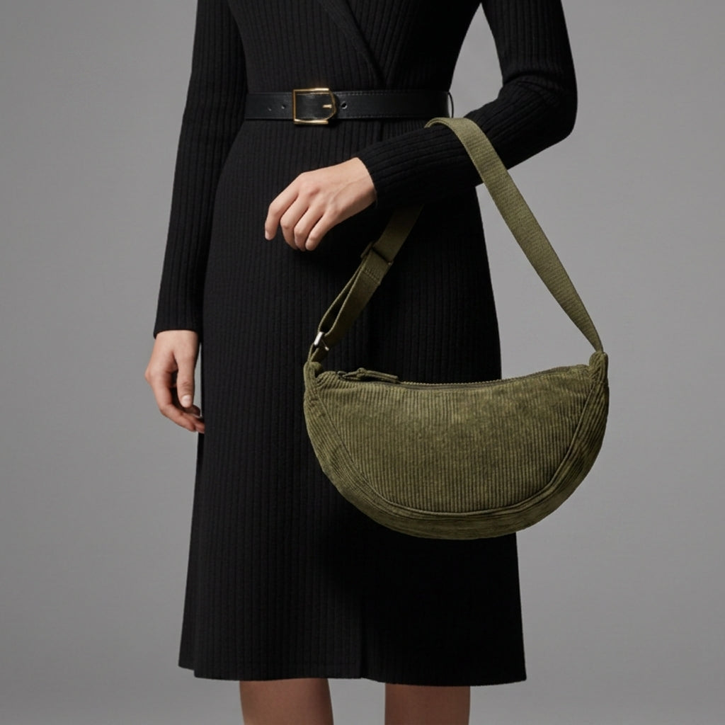 Sac Besace Femme Croissant en Velours Côtelé | Anse Épaule – Vert olive#couleur_vert-olive