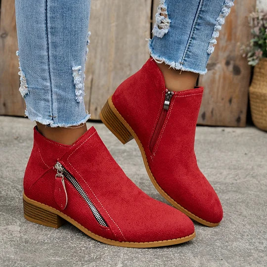 Bottines Plates Zip Latéral | Daim Souple Décontractées – Rouge #couleur_rouge