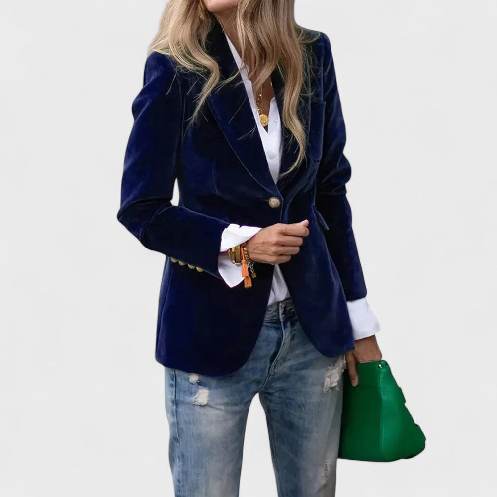 Veste Cintrée en Velours | Col Cranté Élégante – Marine #couleur_marine