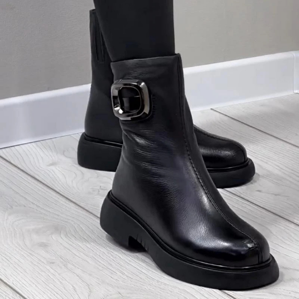 Bottes en Cuir Femme Mi Hautes | Boucle Carrée Intemporelles – Noir #couleur_noir