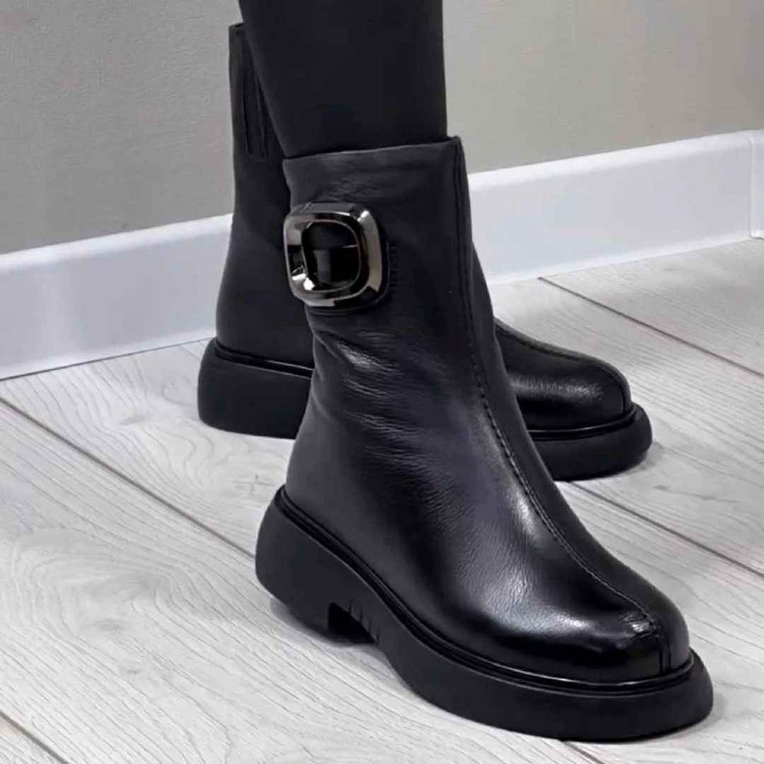 Bottes en Cuir Femme Mi Hautes | Boucle Carrée Intemporelles – Noir #couleur_noir