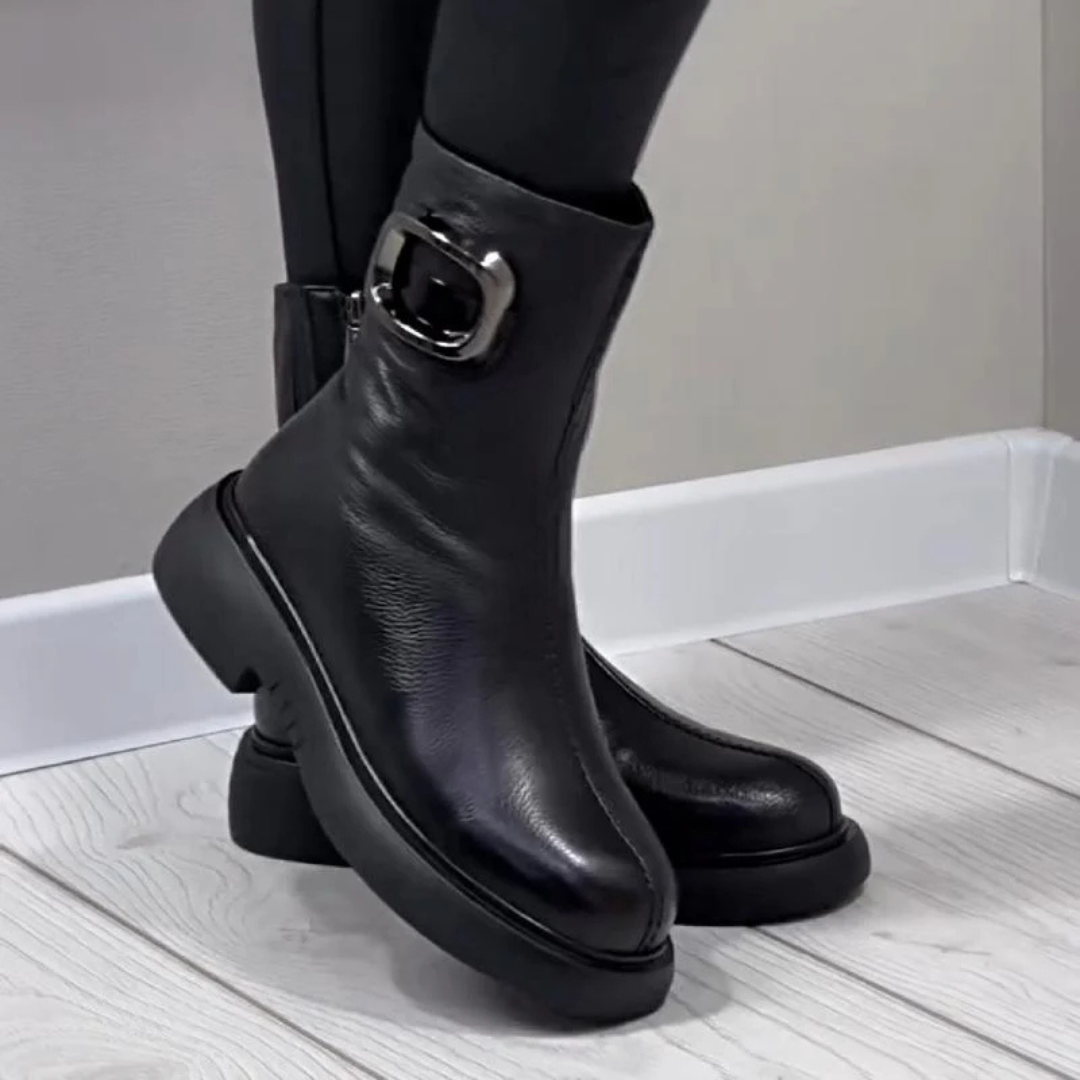 Bottes en Cuir Femme Mi Hautes | Boucle Carrée Intemporelles – Noir #couleur_noir