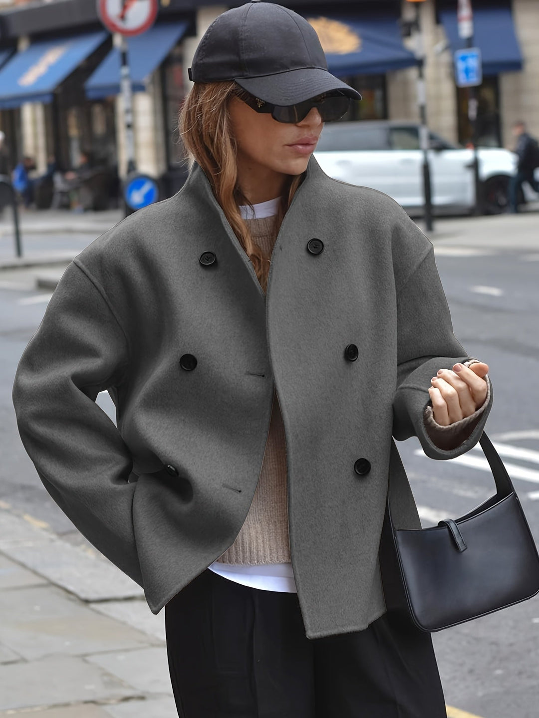 Manteau Court Croisé | Coupe Oversize Structurée – Gris foncé #couleur_gris-fonc