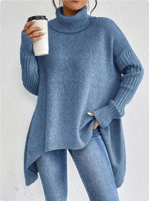 Pull Col Roulé Femme Oversize Long | Coupe Asymétrique – Bleu#couleur_bleu