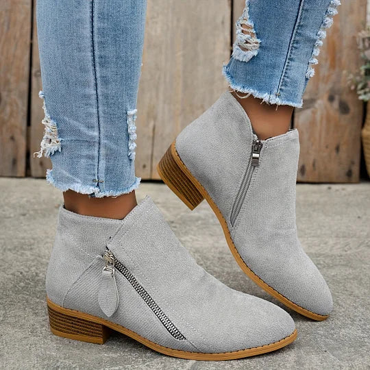 Bottines Plates Zip Latéral | Daim Souple Décontractées – Gris #couleur_gris