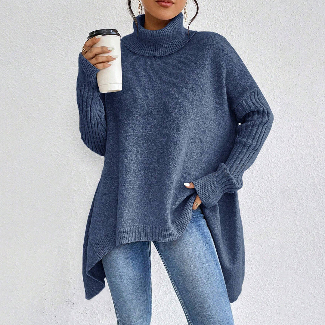 Pull Col Roulé Femme Oversize Long | Coupe Asymétrique – Marine#couleur_marine