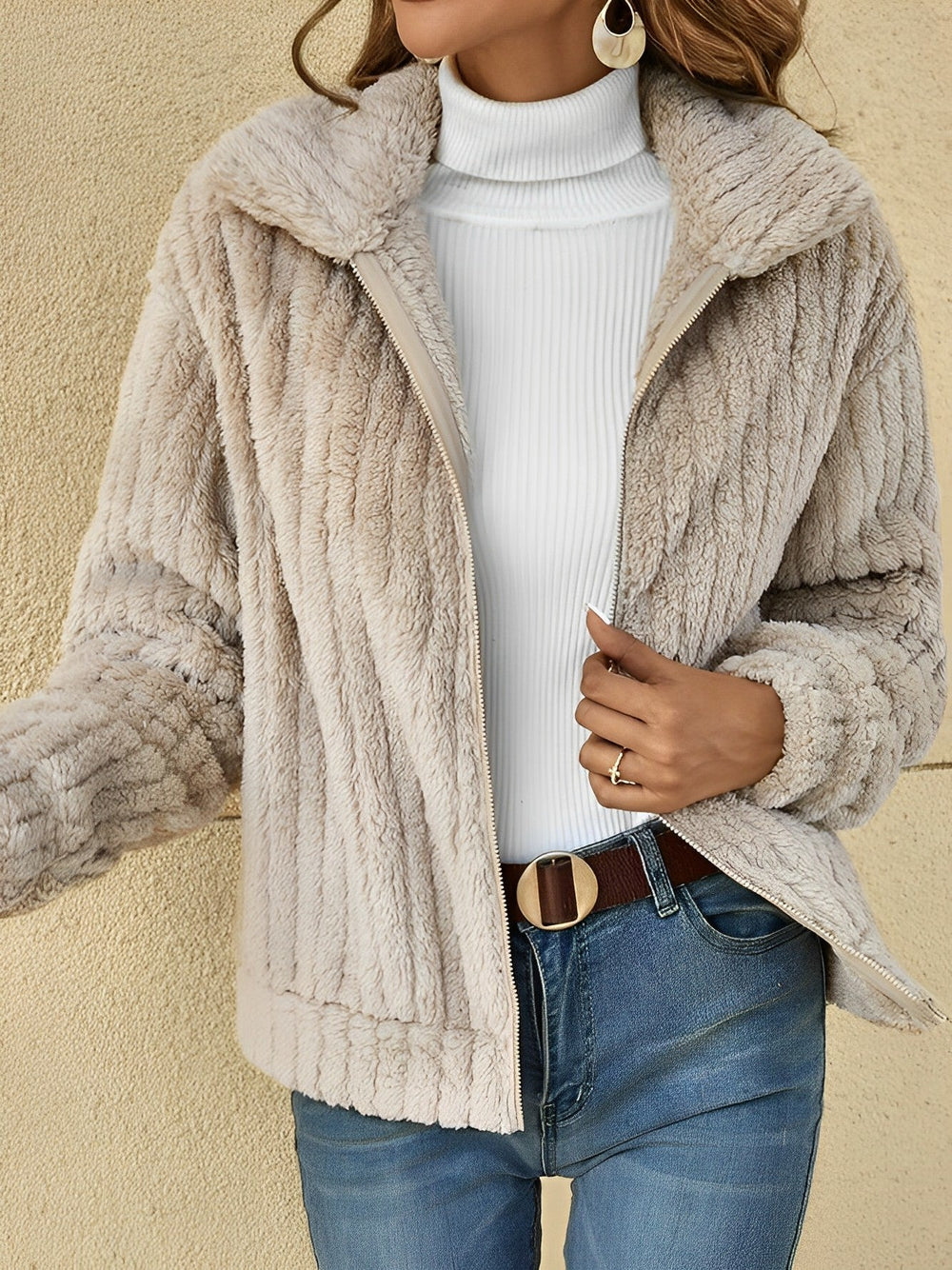 Veste Zippée en Maille Torsadée | Grand Col Châle Enveloppante – Écru #couleur_cru
