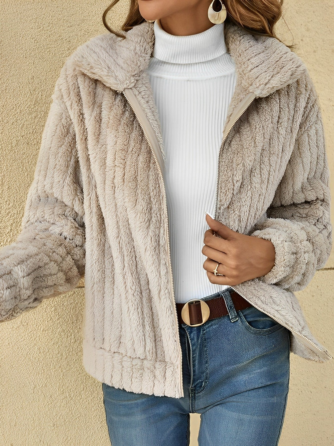 Veste Zippée en Maille Torsadée | Grand Col Châle Enveloppante – Écru #couleur_cru