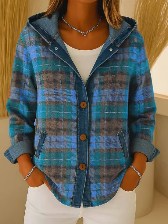 Veste à Carreaux Doublée Sherpa | Capuche Contrastée Chaleureuse – Marine #couleur_marine