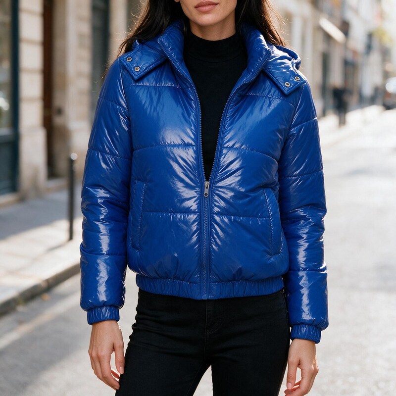 Doudoune Courte Zippée | Finition Brillante Raffinée #couleur_bleu