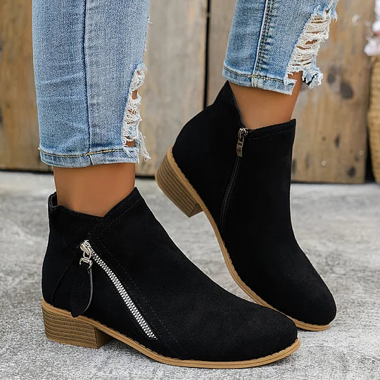 Bottines Plates Zip Latéral | Daim Souple Décontractées – Noir #couleur_noir