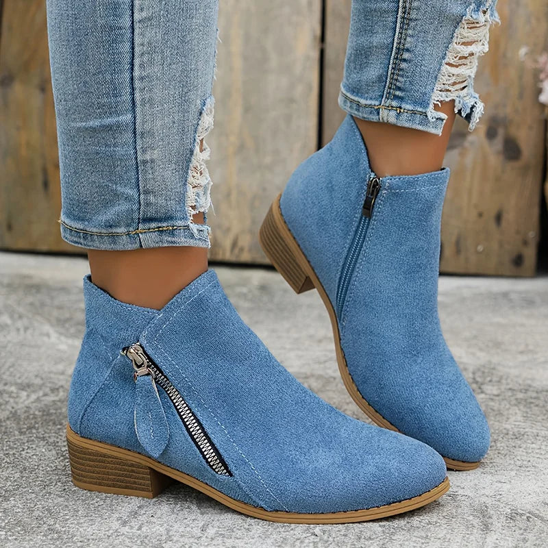 Bottines Plates Zip Latéral | Daim Souple Décontractées – Bleu clair #couleur_bleu-clair