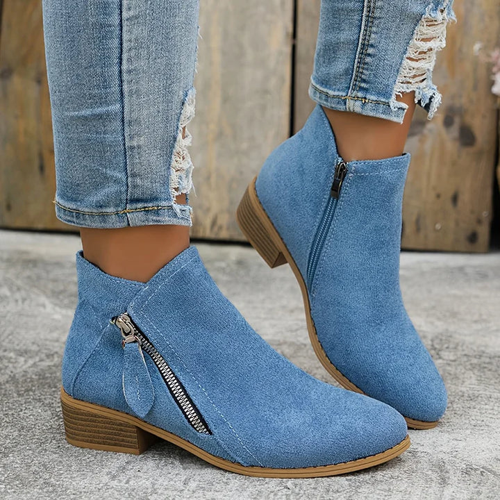 Bottines Plates Zip Latéral | Daim Souple Décontractées – Bleu clair #couleur_bleu-clair
