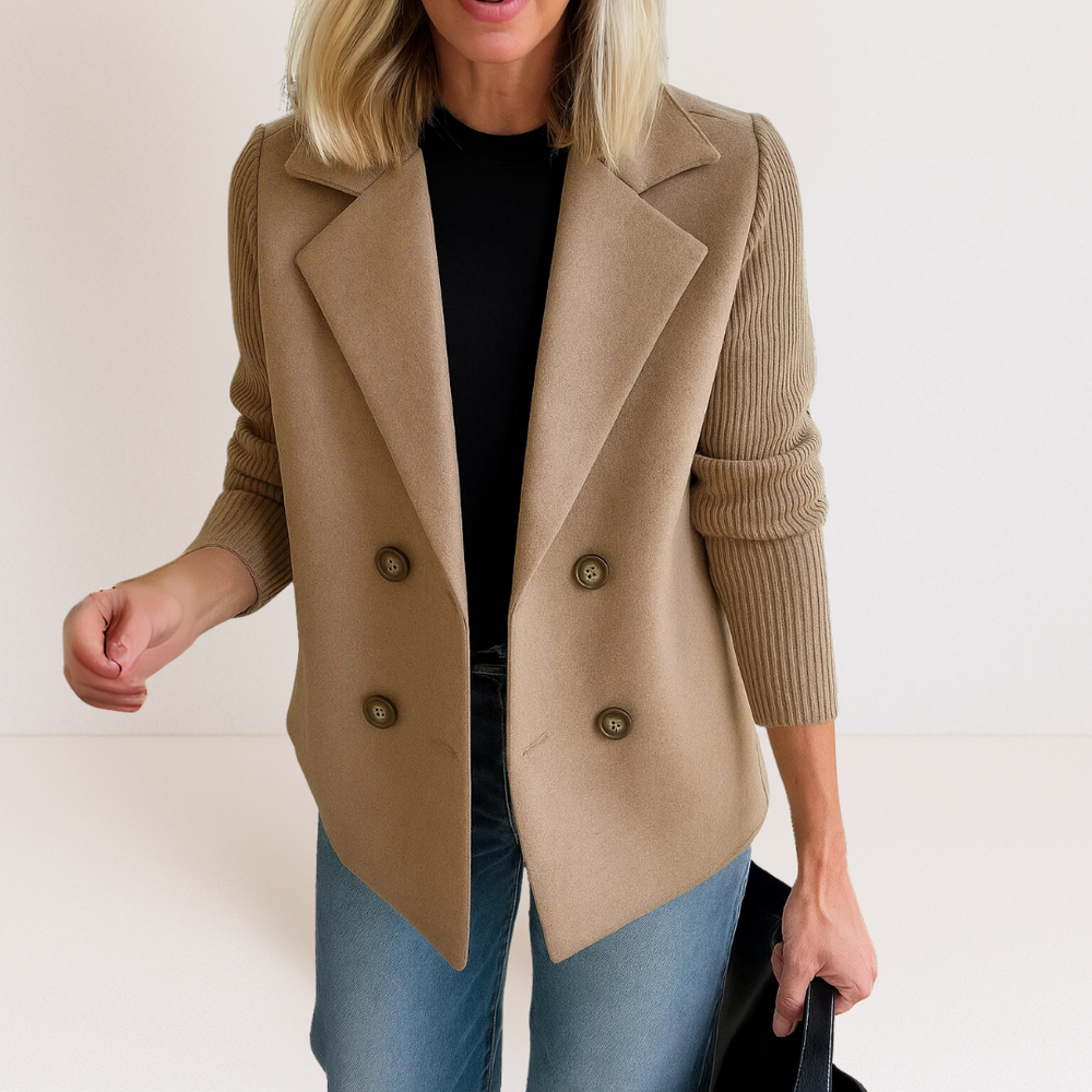 Veste Courte Croisée en Laine | Manches Côtelées Chic – Camel #couleur_camel