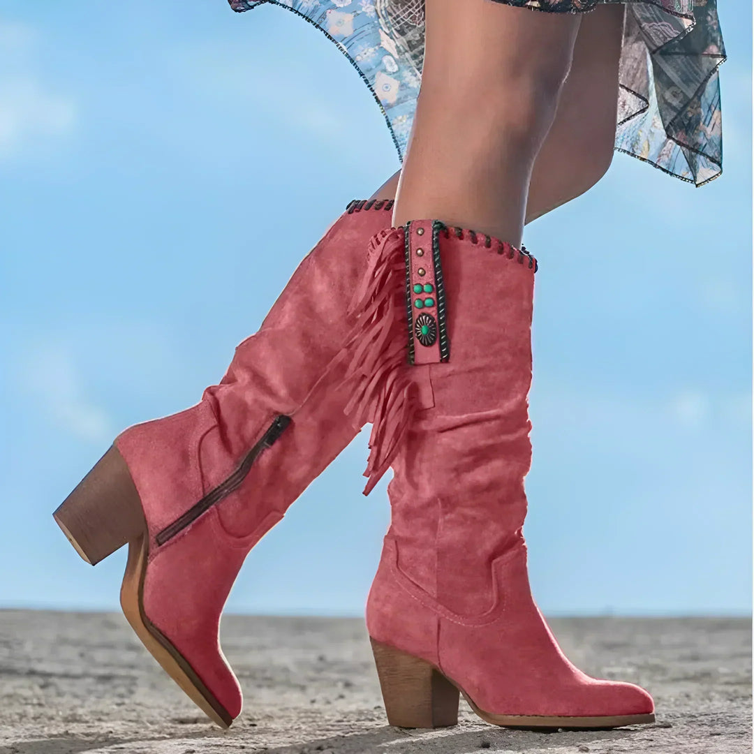Santiag Femme Genou | Talon Haut et Trois Coloris Francs in Rose#couleur_rose