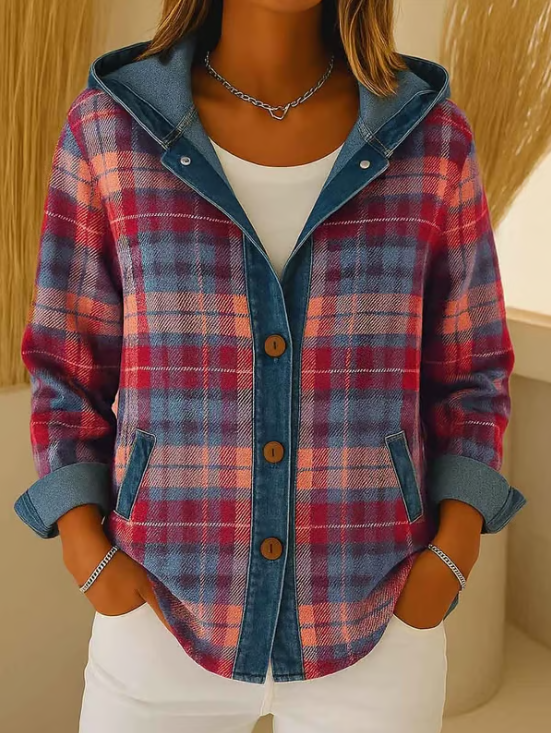 Veste à Carreaux Doublée Sherpa | Capuche Contrastée Chaleureuse – Rouge #couleur_rouge