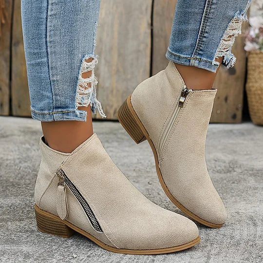 Bottines Plates Zip Latéral | Daim Souple Décontractées – Beige #couleur_beige