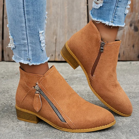 Bottines Plates Zip Latéral | Daim Souple Décontractées – Marron #couleur_marron