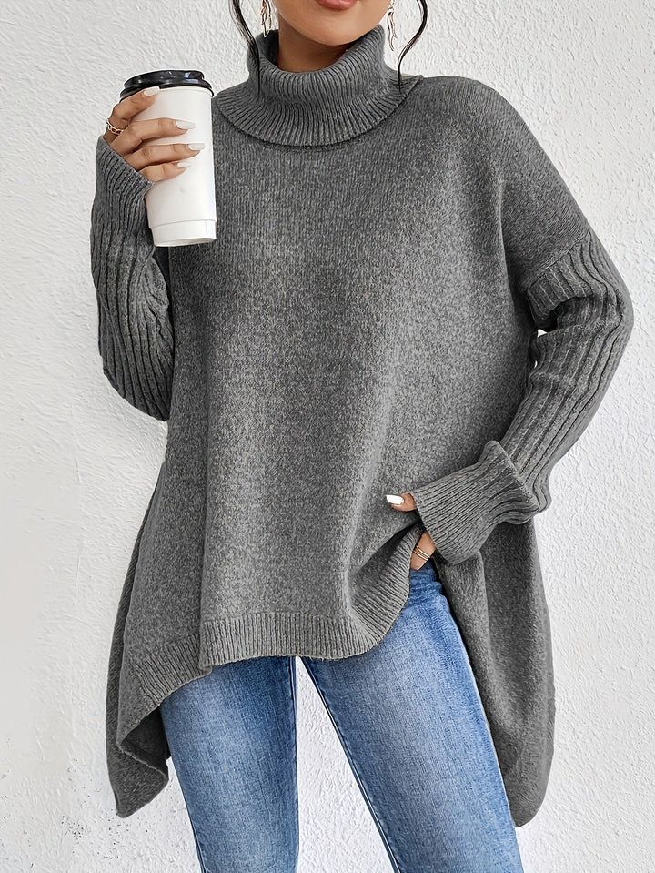 Pull Col Roulé Femme Oversize Long | Coupe Asymétrique – Gris#couleur_gris