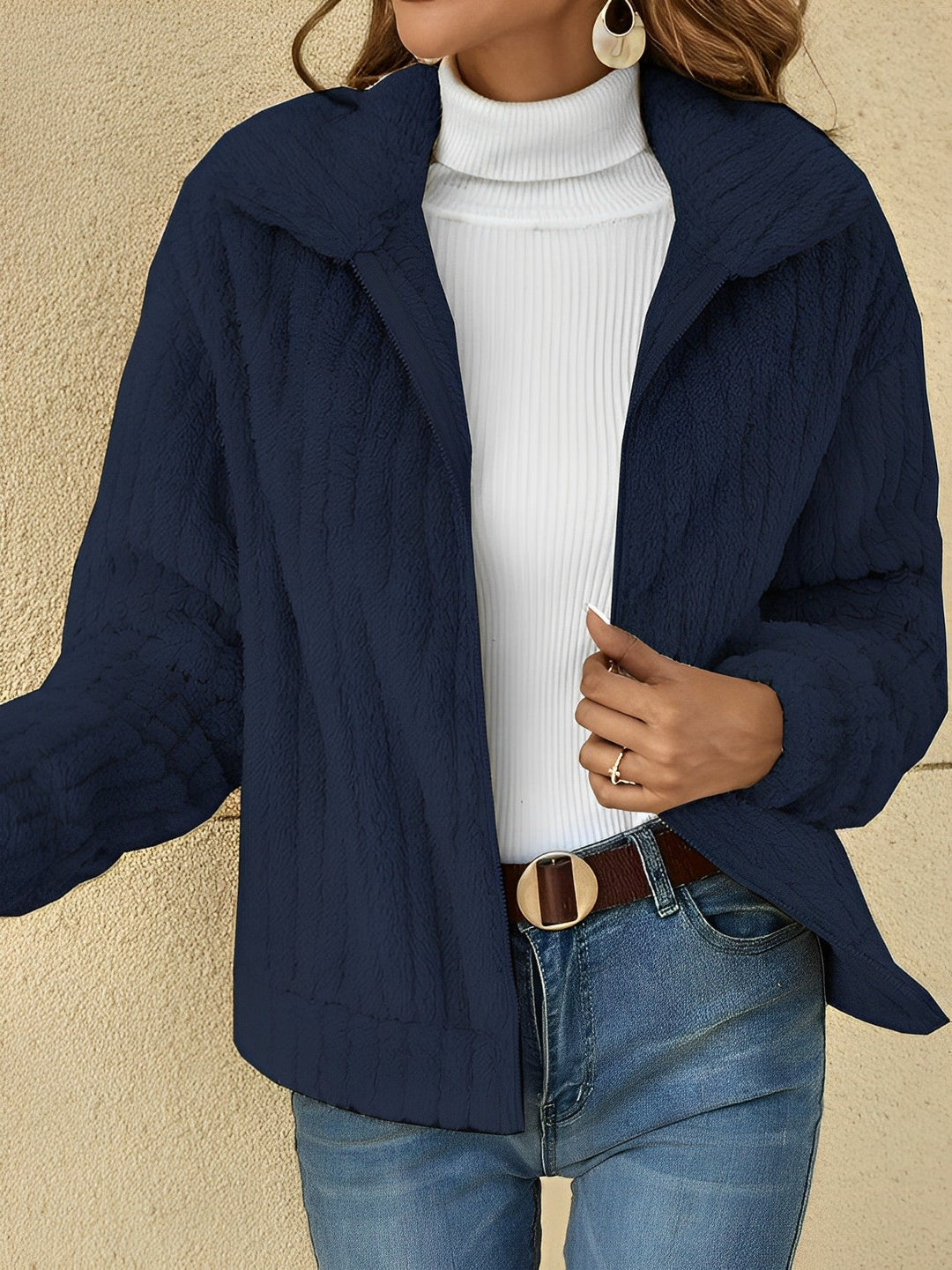 Veste Zippée en Maille Torsadée | Grand Col Châle Enveloppante – Marine #couleur_marine