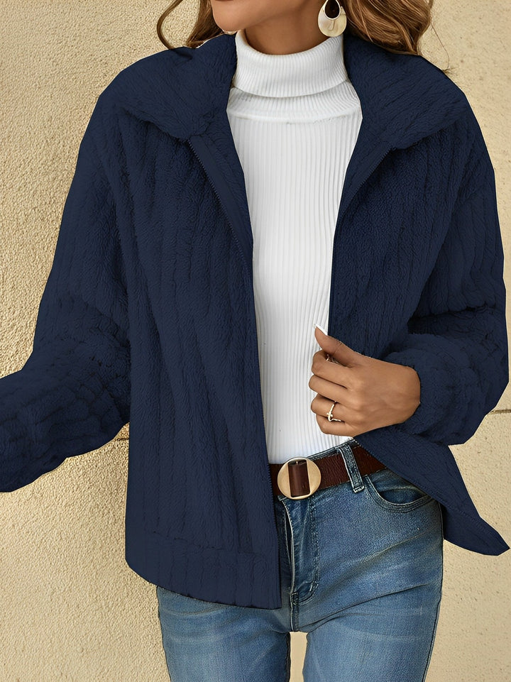 Veste Zippée en Maille Torsadée | Grand Col Châle Enveloppante – Marine #couleur_marine