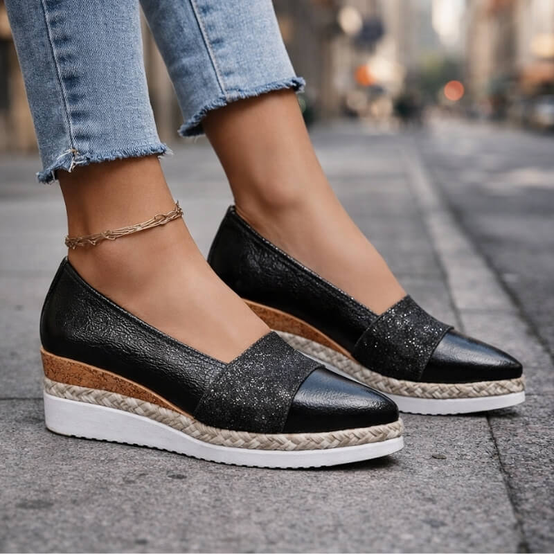 Mocassin Cuir Femme Plateforme | Bout Rond et Enfilage Rapide in Noir#couleur_noir