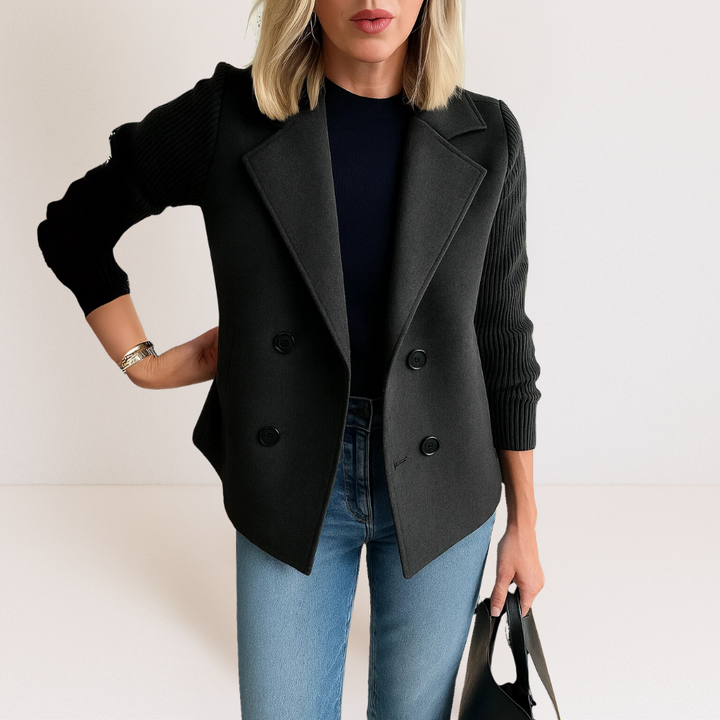 Veste Courte Croisée en Laine | Manches Côtelées Chic – Noir #couleur_noir