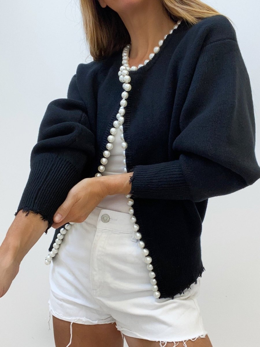 Gilet Femme Noir à Perles | Bordure Nacrée et Maille Fine in Noir#couleur_noir