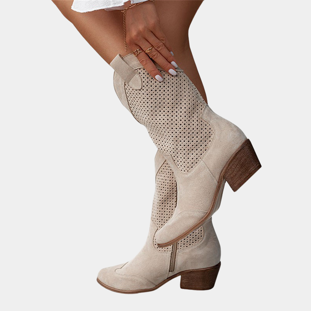 Bottes Femme Western Ajourées | Talon Santiag Décontractées – Beige #couleur_beige