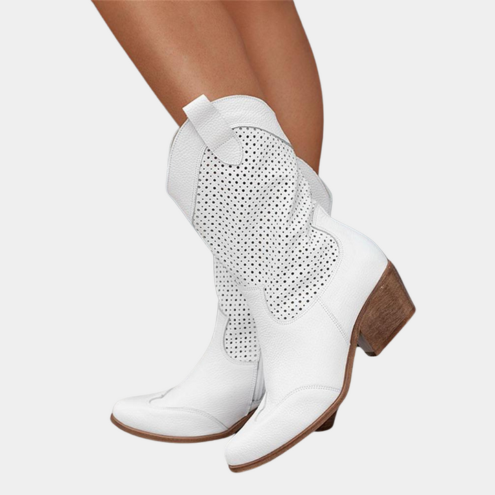 Bottes Femme Western Ajourées | Talon Santiag Décontractées – Blanc #couleur_blanc
