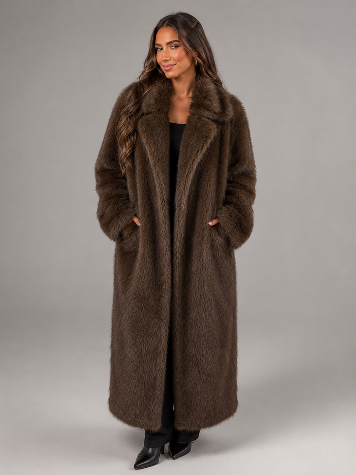 Manteau Maxi en Fausse Fourrure | Grand Col Rabattu Glamour – Chocolat #couleur_chocolat
