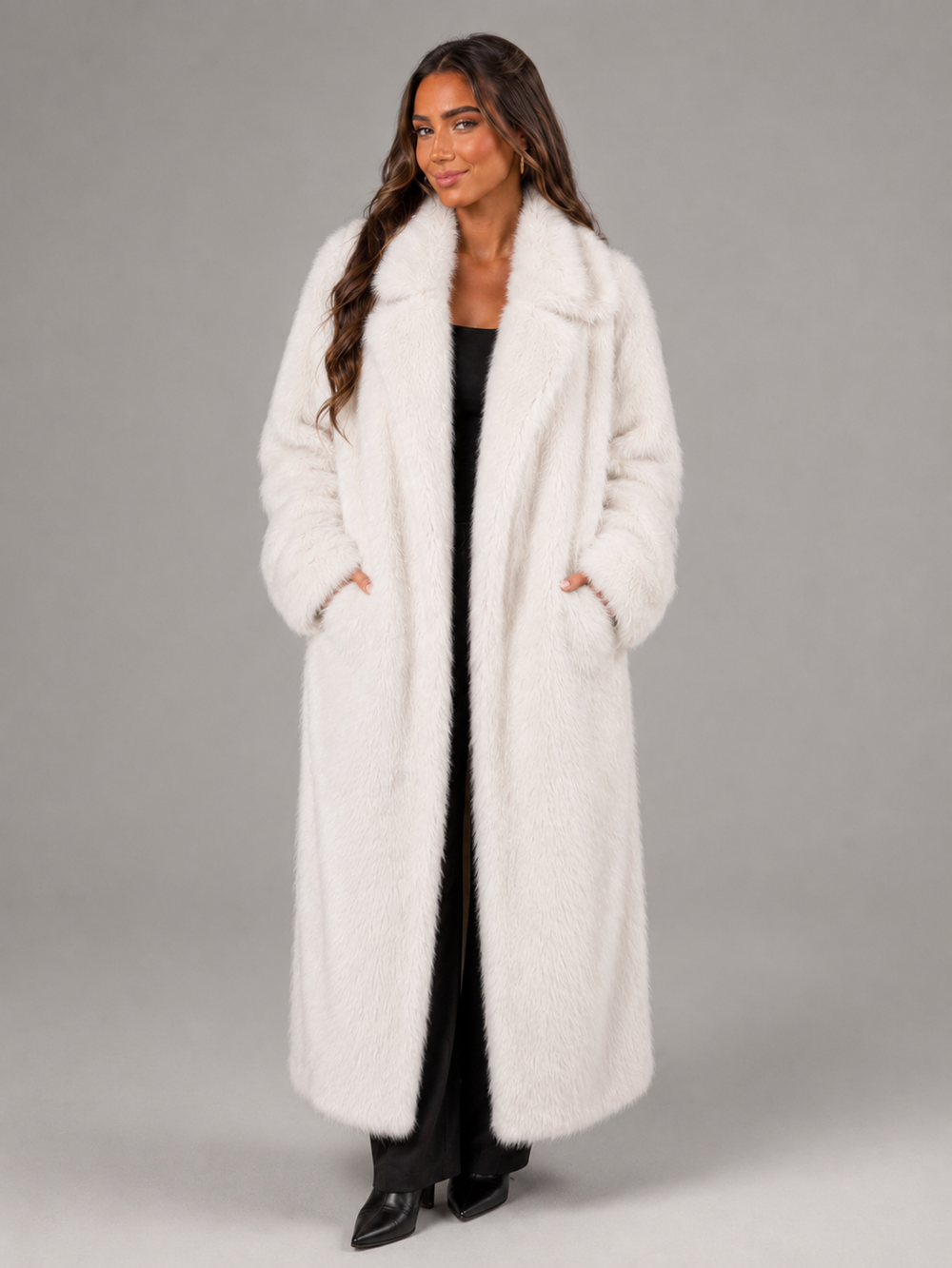 Manteau Maxi en Fausse Fourrure | Grand Col Rabattu Glamour – Écru #couleur_cru