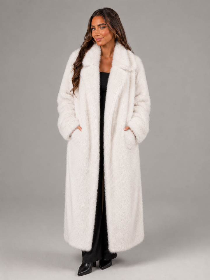 Manteau Maxi en Fausse Fourrure | Grand Col Rabattu Glamour – Écru #couleur_cru