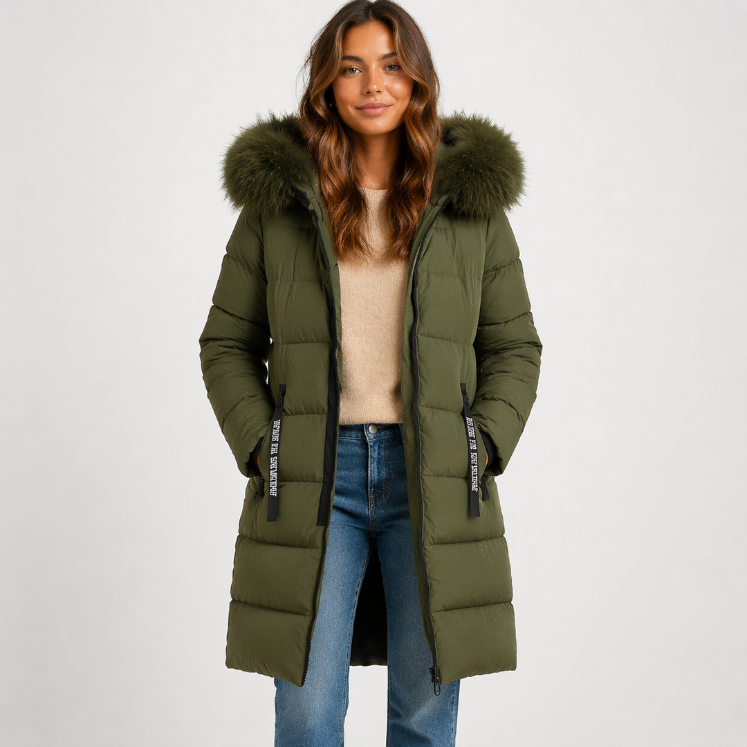 Parka Femme Longue Capuche | Doublure Isolante Bordée Élégante in Vert olive#couleur_vert-olive