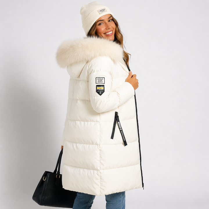 Parka Femme Longue Capuche | Doublure Isolante Bordée Élégante in Blanc#couleur_blanc